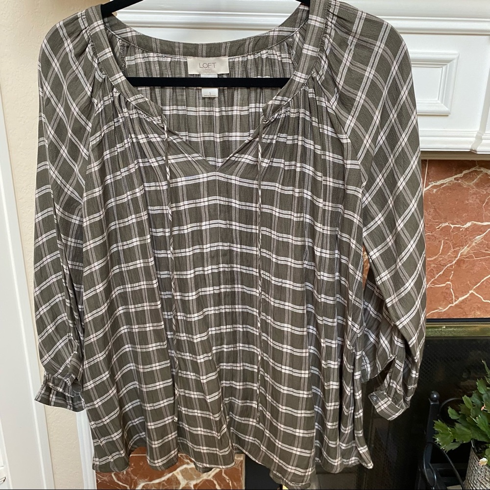 EUC Loft plaid peasant blouse S